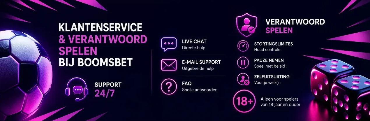 Live chat support en verantwoord spelen tools met 18-plus icoon bij BoomsBet