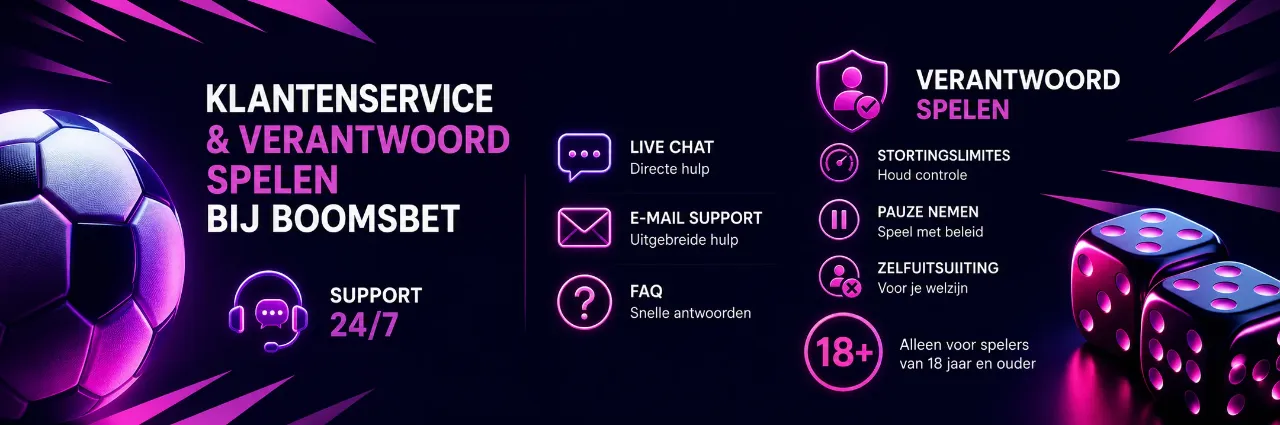 Live chat support en verantwoord spelen tools met 18-plus icoon bij BoomsBet