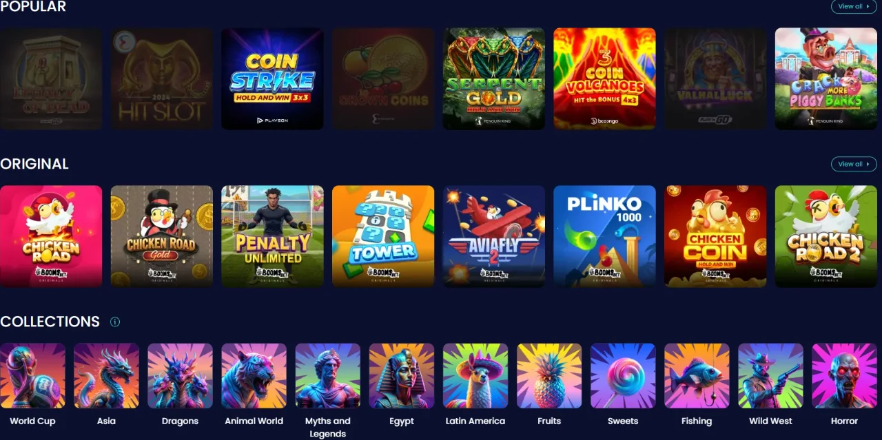 Raster met slots en logos van providers zoals Pragmatic Play en NetEnt bij BoomsBet