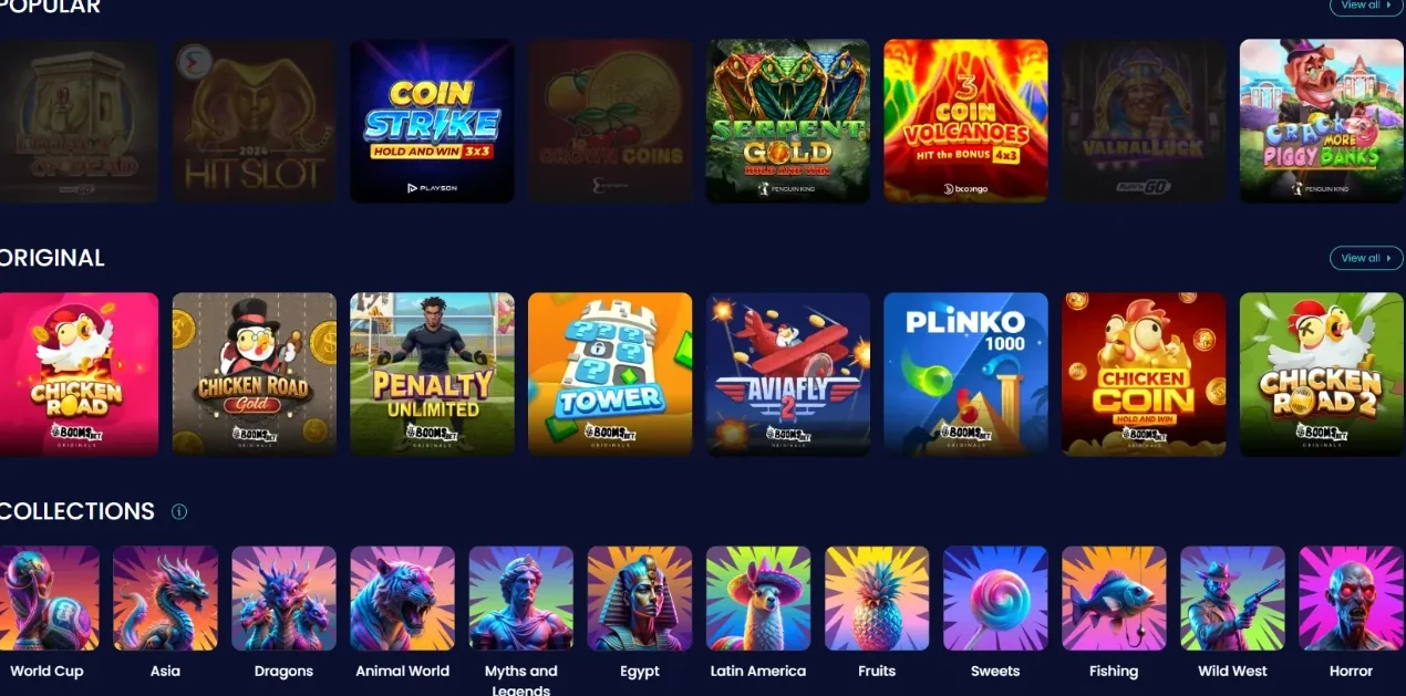 Raster met slots en logos van providers zoals Pragmatic Play en NetEnt bij BoomsBet